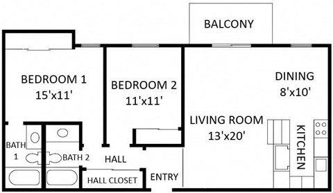 Floor plan for 2 beds, 2 baths, 968 sqft